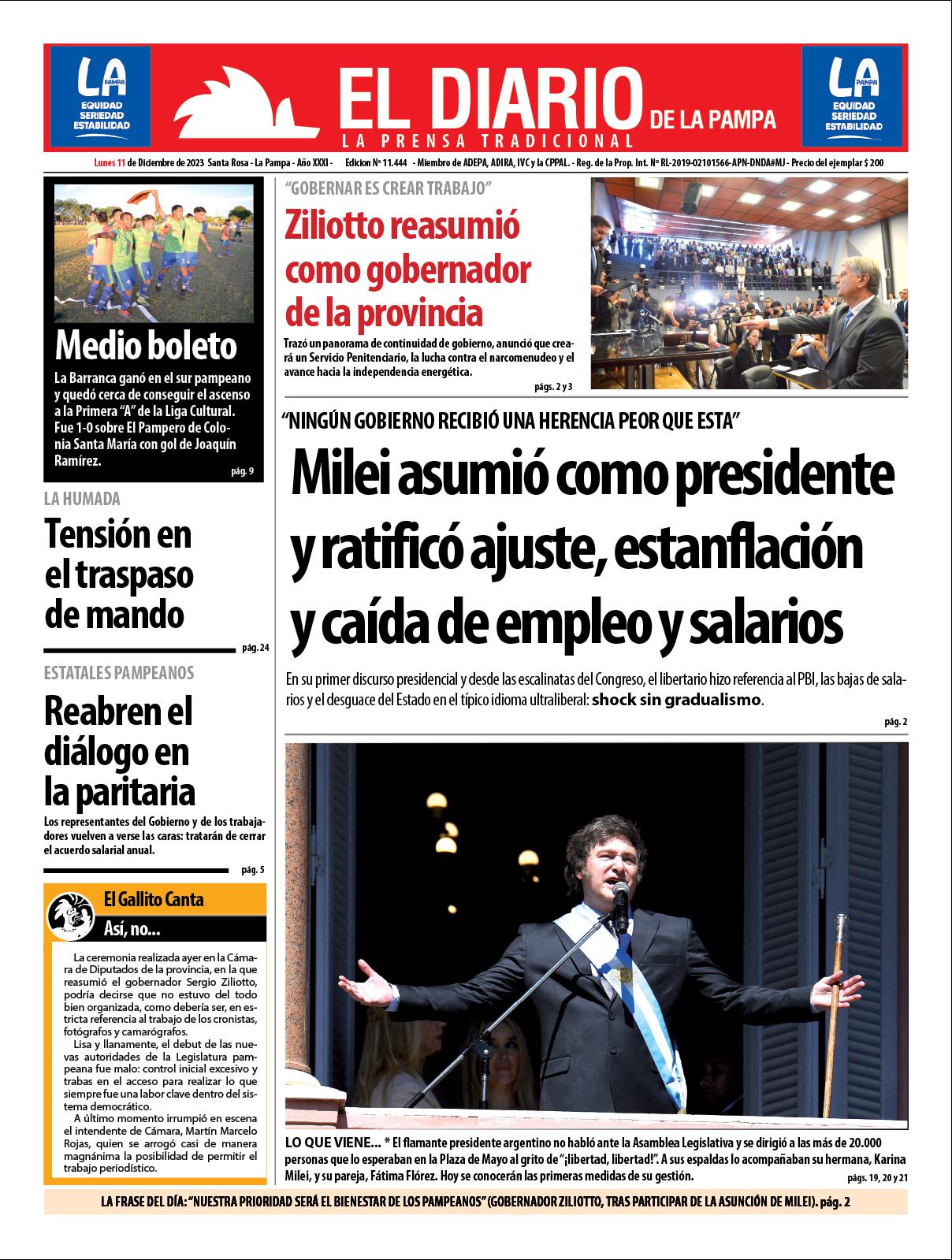 Tapa de El Diario en papel  lunes 11 de diciembre de 2023